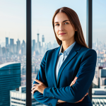 A serene and confident professional woman, fully clothed in a modest business suit, with a gentle, assured expression. She is standing in a brightly lit, modern office with a panoramic view of a diverse cityscape, symbolizing global market exposure and diversification. Abstract, glowing lines subtly represent simplified financial data flow, conveying clarity and ease. Professional photography, perfect anatomy, correct proportions, natural pose, well-formed hands, proper finger count, natural body proportions, high detail, sharp focus, vibrant colors, safe for work, appropriate content, fully clothed, modest clothing, professional dress, family-friendly.