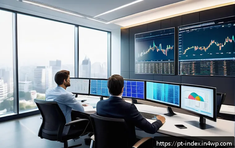 인덱스 펀드의 구조와 작동 원리 - A modern, bright office scene showing a diverse group of professional investors analyzing multiple d...